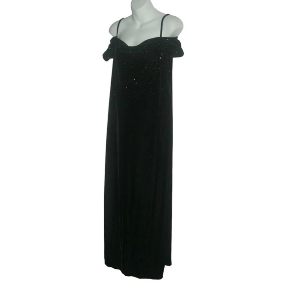 Vintage 90s Robbie Bee Black Crushed Velvet Long Glitter Dress Cold Shoulder y2k - Picture 3 of 10